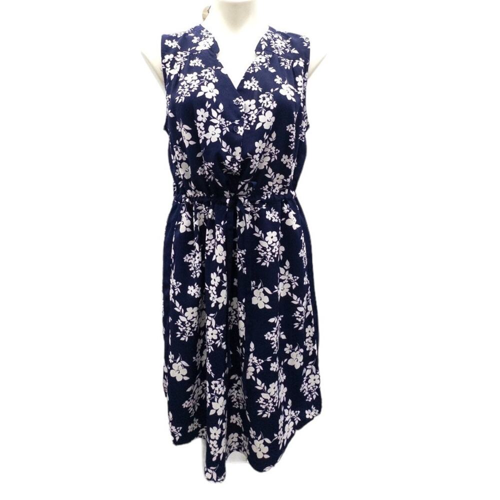 41 Hawthorn Claira Tie Waist Dress Women's L Navy White Floral Sleeveless Midi